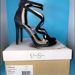 Ladies stiletto heeled, zip back strappy sandals